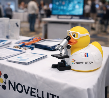 Custom branded rubber ducks designed for Novelution's HLTH conference activation, NYC
