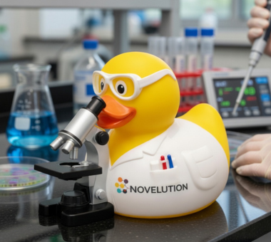 Scientist edition of the Novelution custom rubber duck, with a custom lab coat